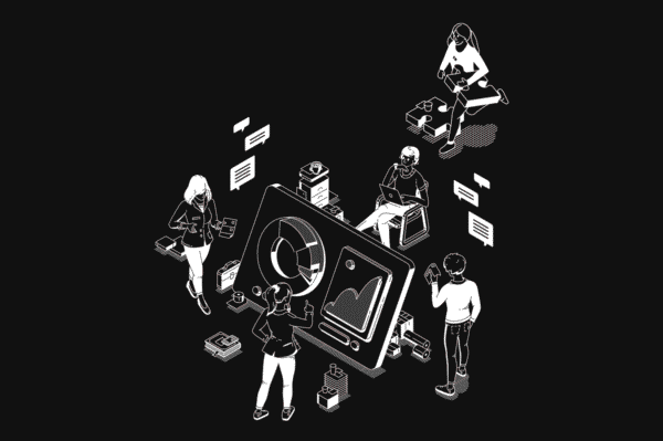 A illustration of Individuals gather around a table with a computer, engaging in strategic communication for development programming discussions.