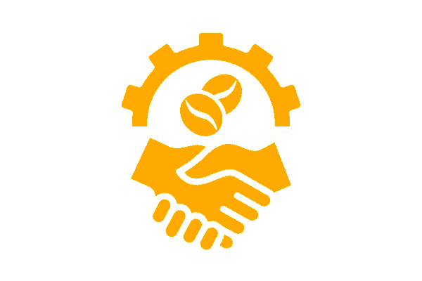 Coffee beans and gears logo for Meet our Partners, highlighting their coffee sourced from Papua New Guinea.