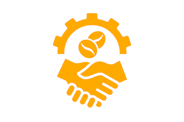 Logo featuring coffee beans and gears, representing Meet our Partners, showcasing coffee from Sri Lanka.