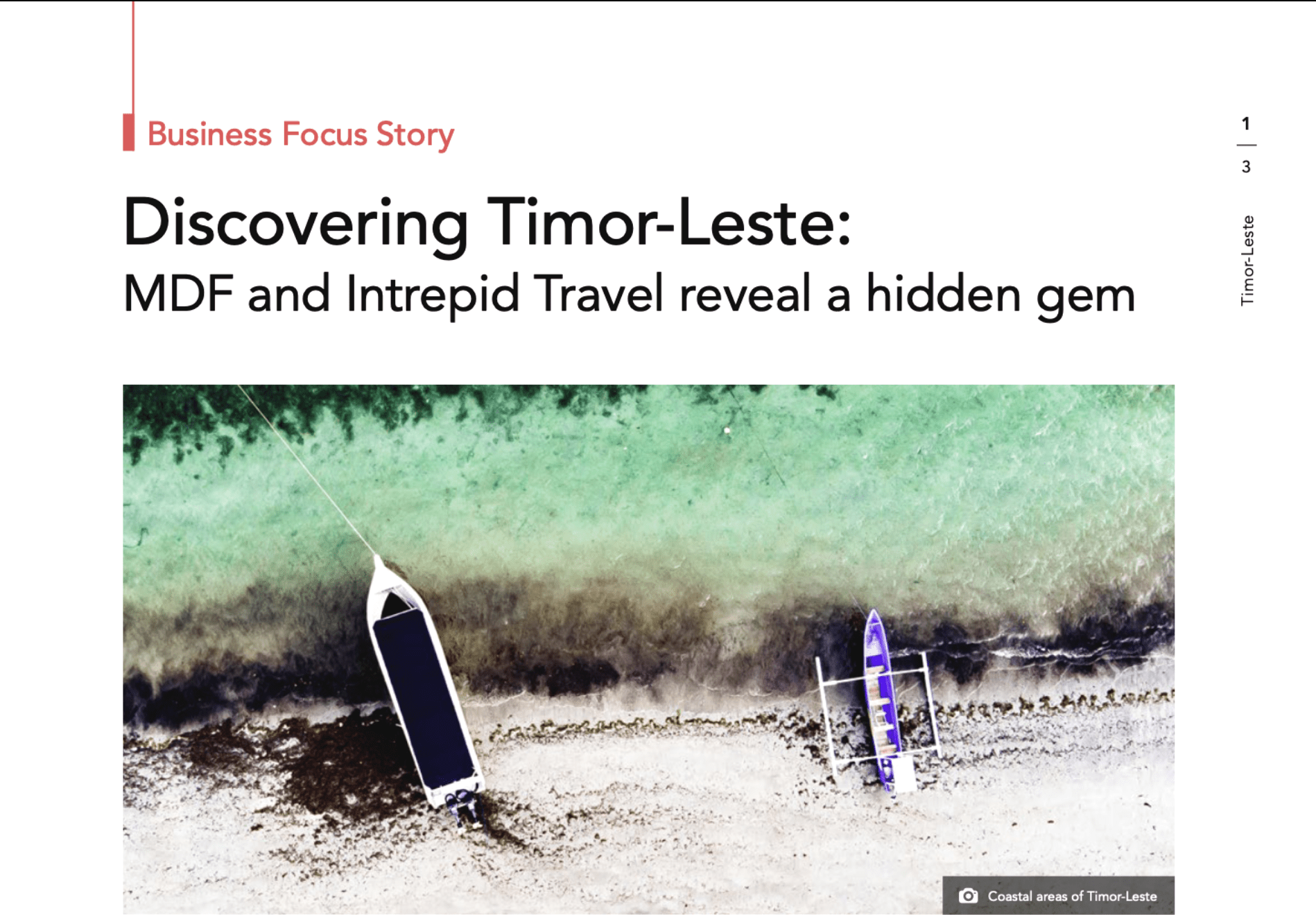 Aerial view of boats on a beach along the coast of Timor-Leste.