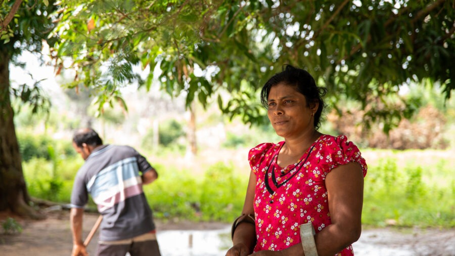 Woman farmer standing under a tree while another person works in the field behind her.