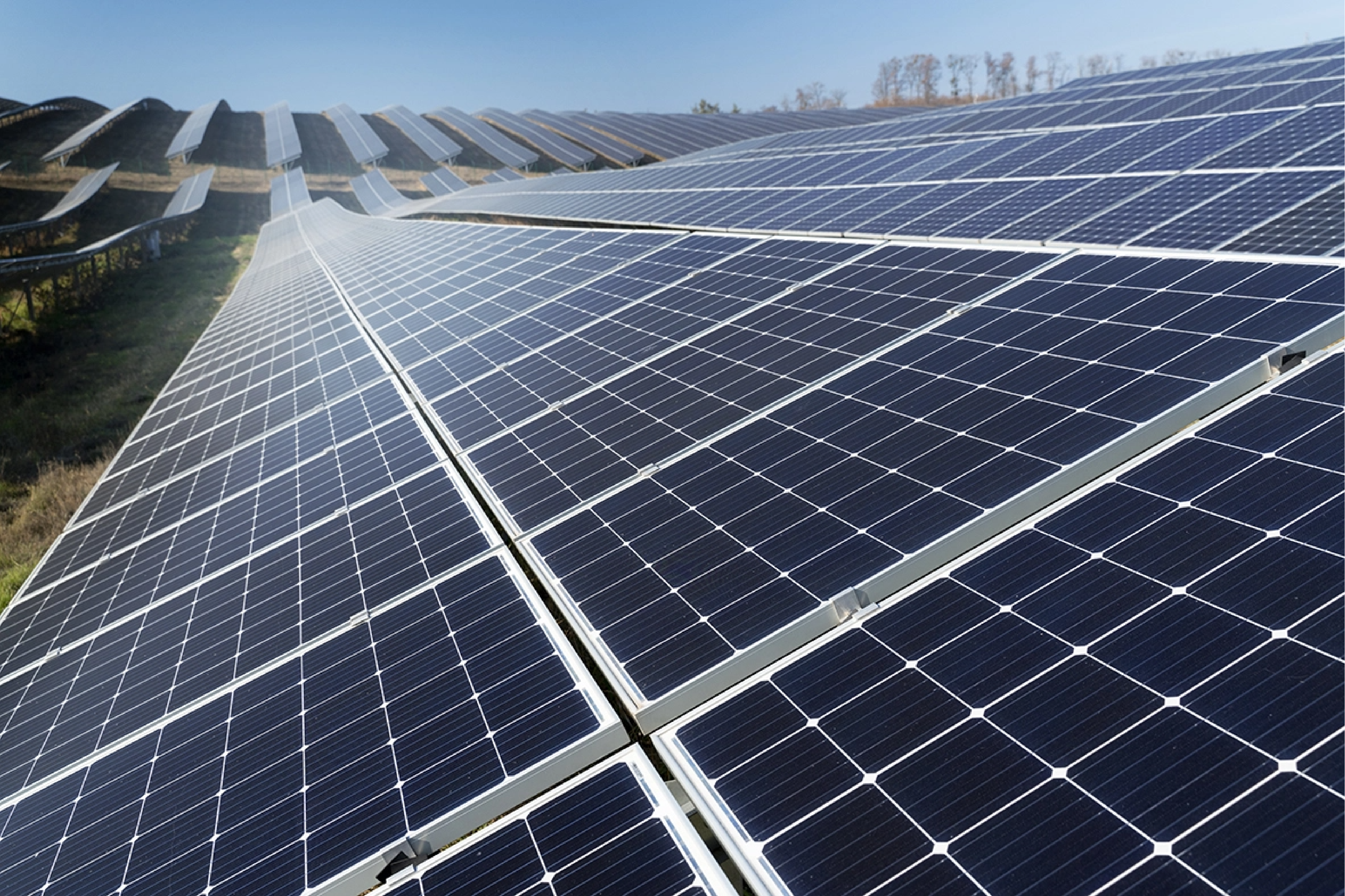 Rows of solar panels installed outdoors under a clear sky.