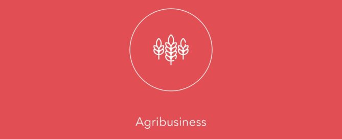 White grain icon inside a circle above the text “Agribusiness” on a red background.