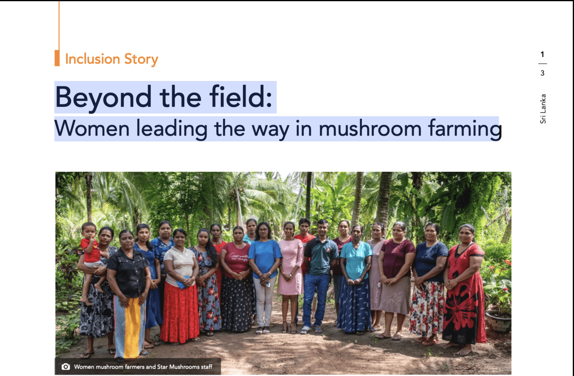 Group of women mushroom farmers and staff standing together outdoors in Sri Lanka.