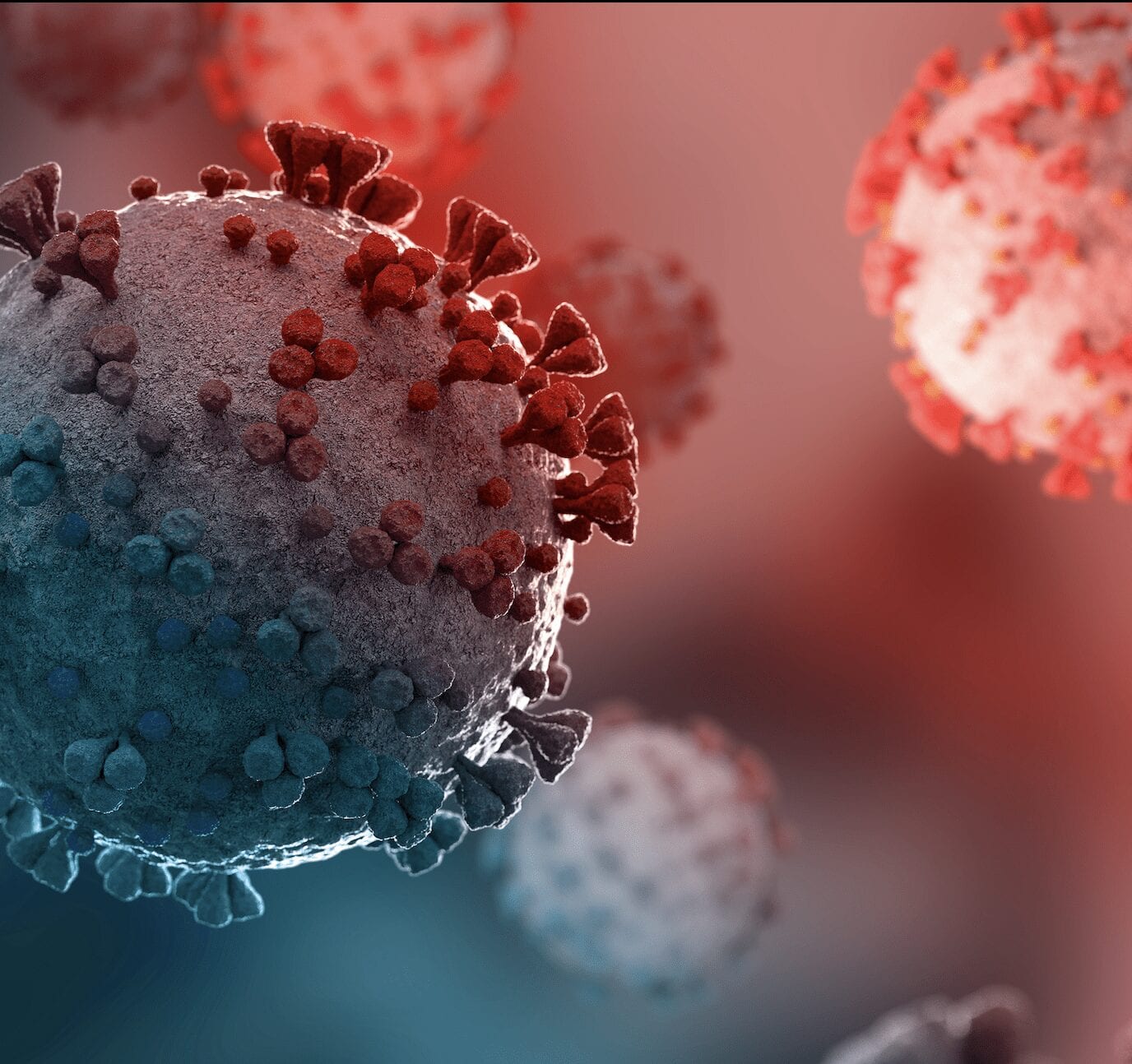 Illustration of COVID-19 virus particles in red and blue tones.