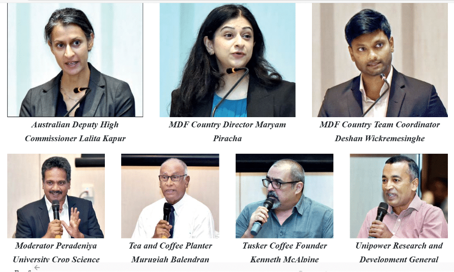 Collage of speakers and panellists from a discussion on climate change impacts on Sri Lankan coffee.