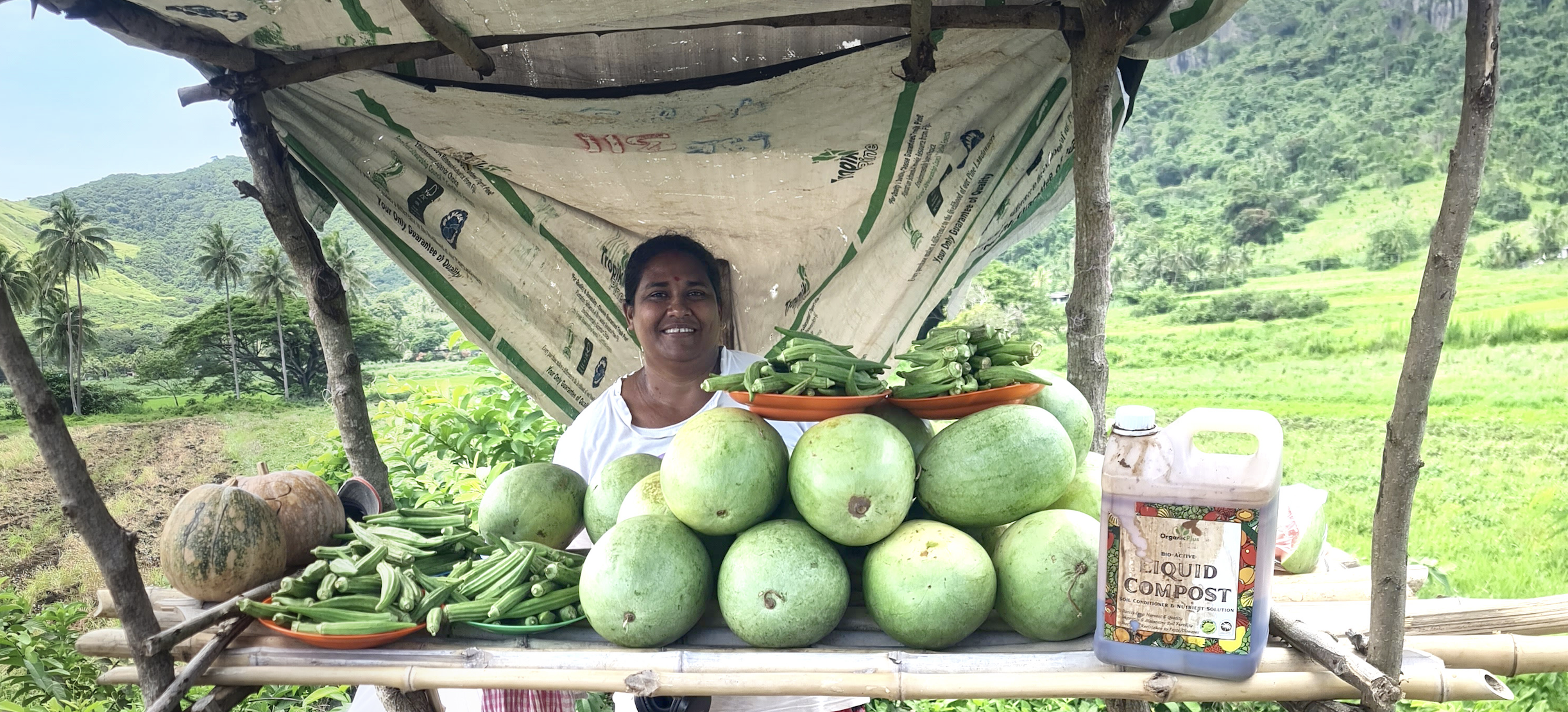 Woman selling vegetables and liquid compost at a roadside produce stall in Fiji.