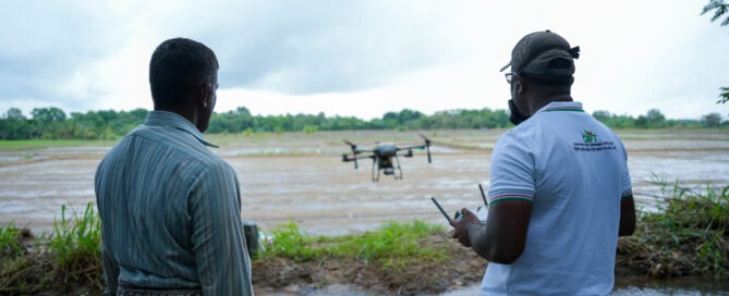 Two men watching a drone fly over a flooded agricultural field in Sri Lanka.