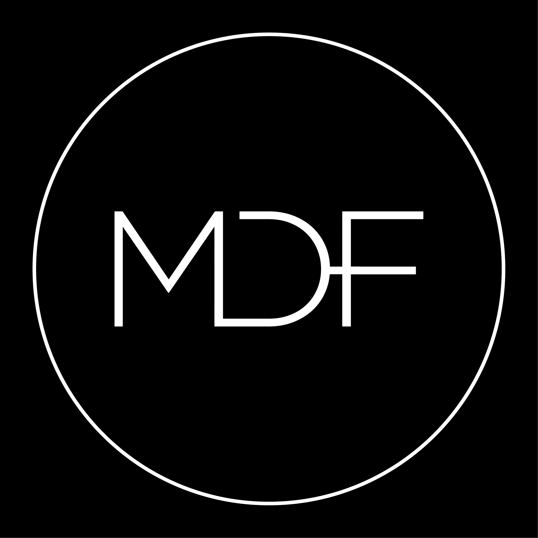 Market Development Facilities logo: white “MDF” monogram inside a thin white circle on a black background.