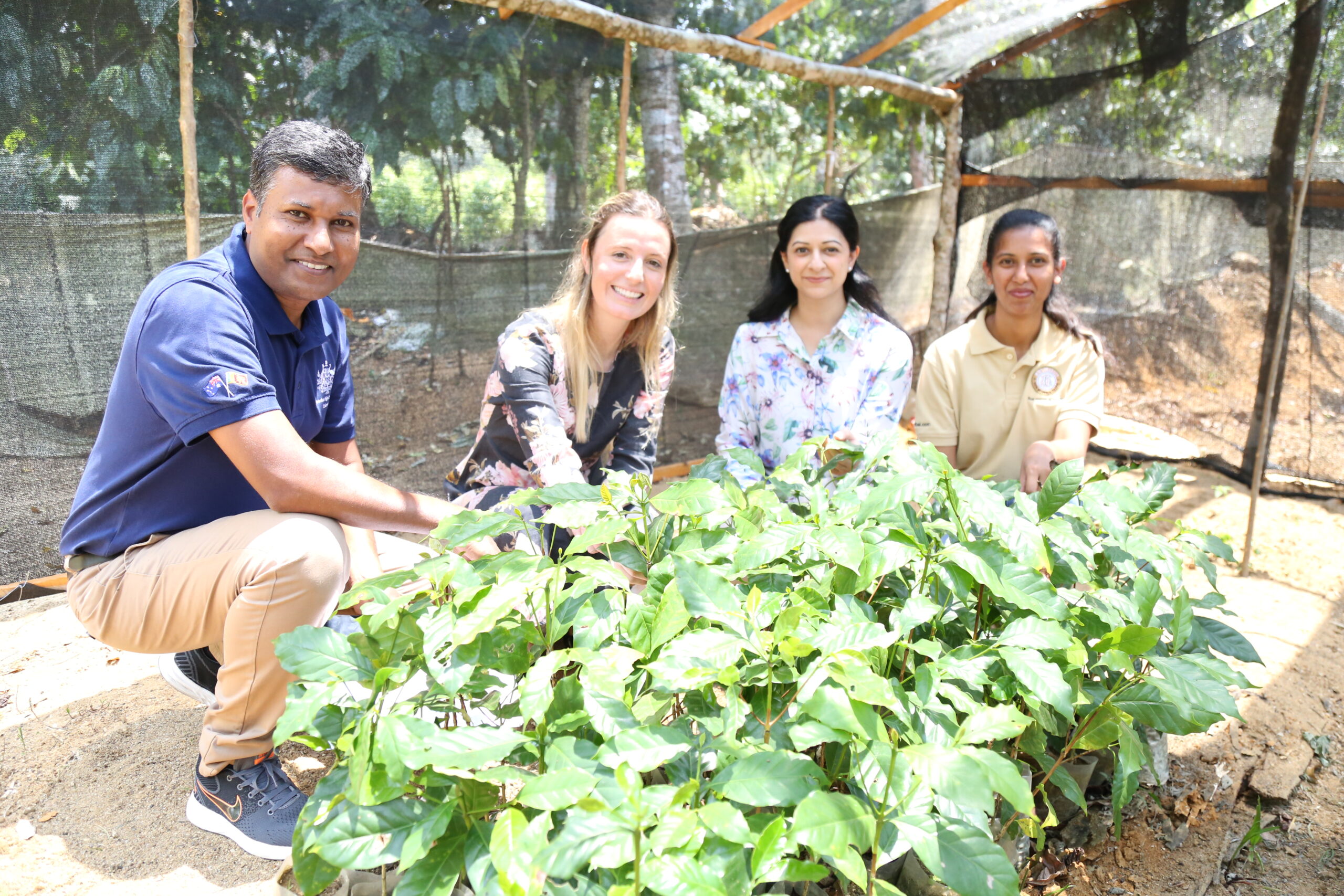 Four people from the Australian high commission and MDF pose with plants in a garden during their visit to Hint Newark Eliya.