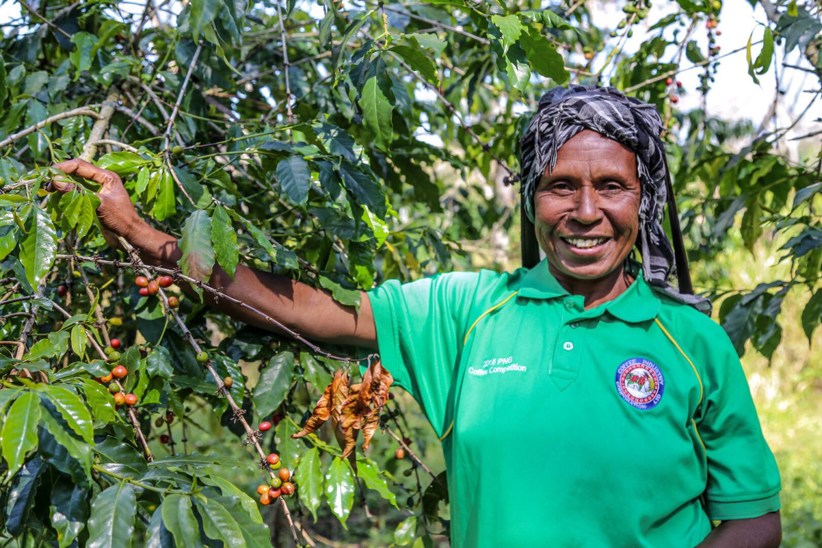 Woman standing beside coffee plants with ripe coffee cherries in Papua New Guinea.