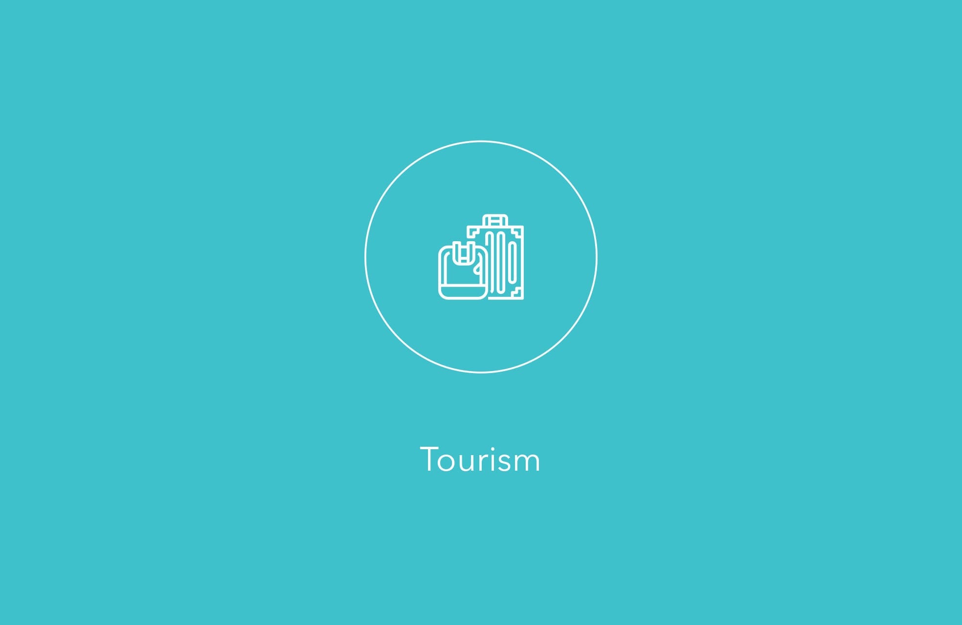 White luggage icon inside a circle above the text “Tourism” on a turquoise background.