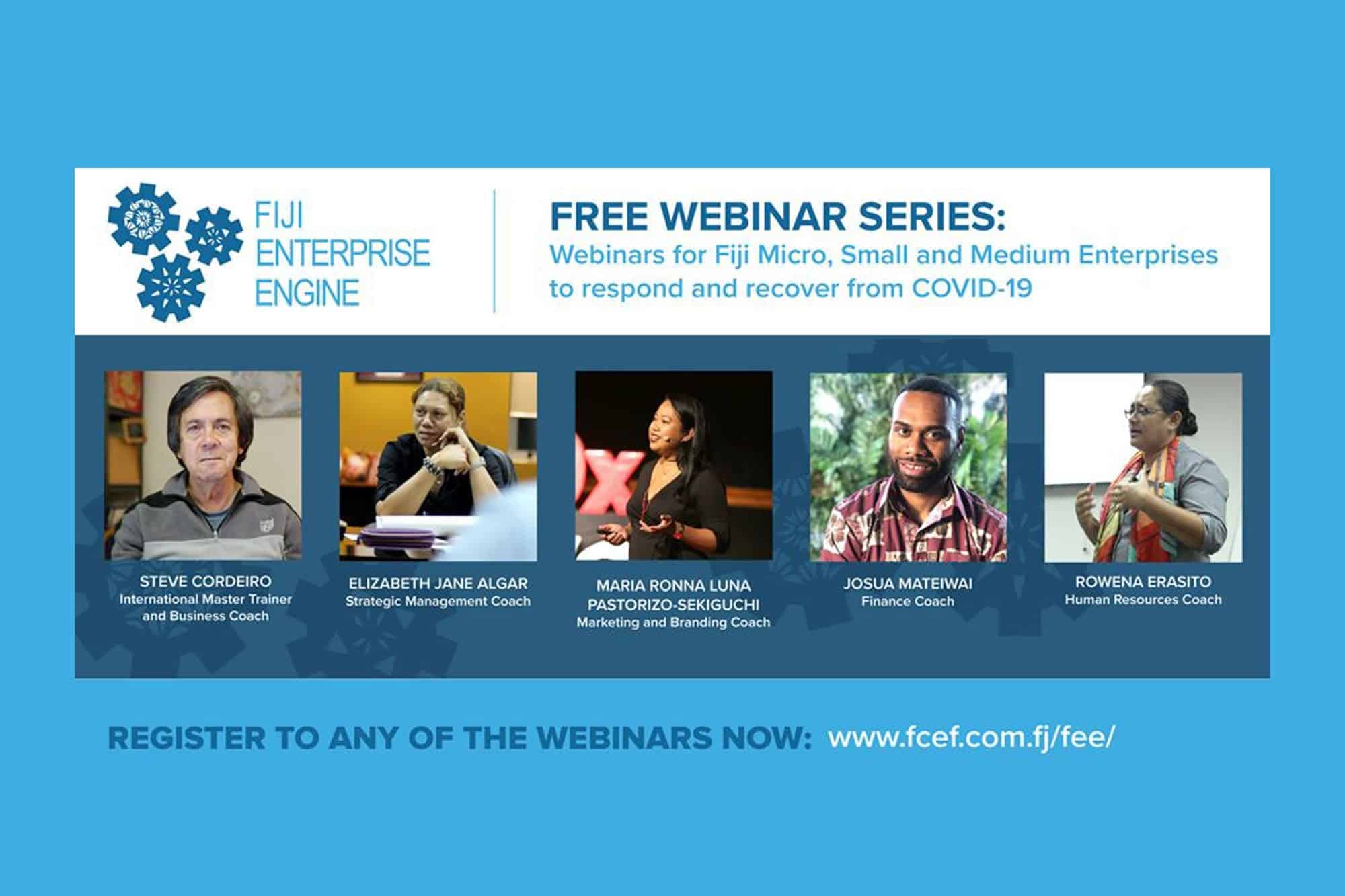 Fiji Enterprise Engine free webinar series graphic featuring business coach headshots and COVID-19 recovery messaging.